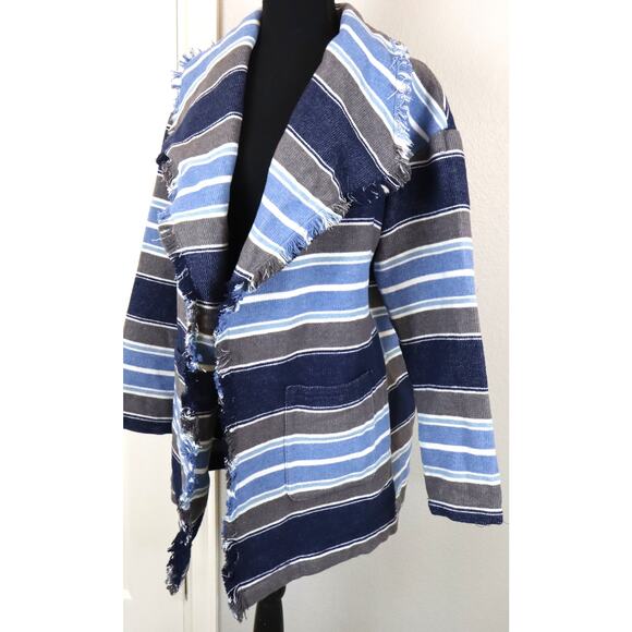 Wonderly Blue Gray Striped WOOL Blend Cardigan Jacket Knit Open Front Fringe SM - Picture 3 of 7